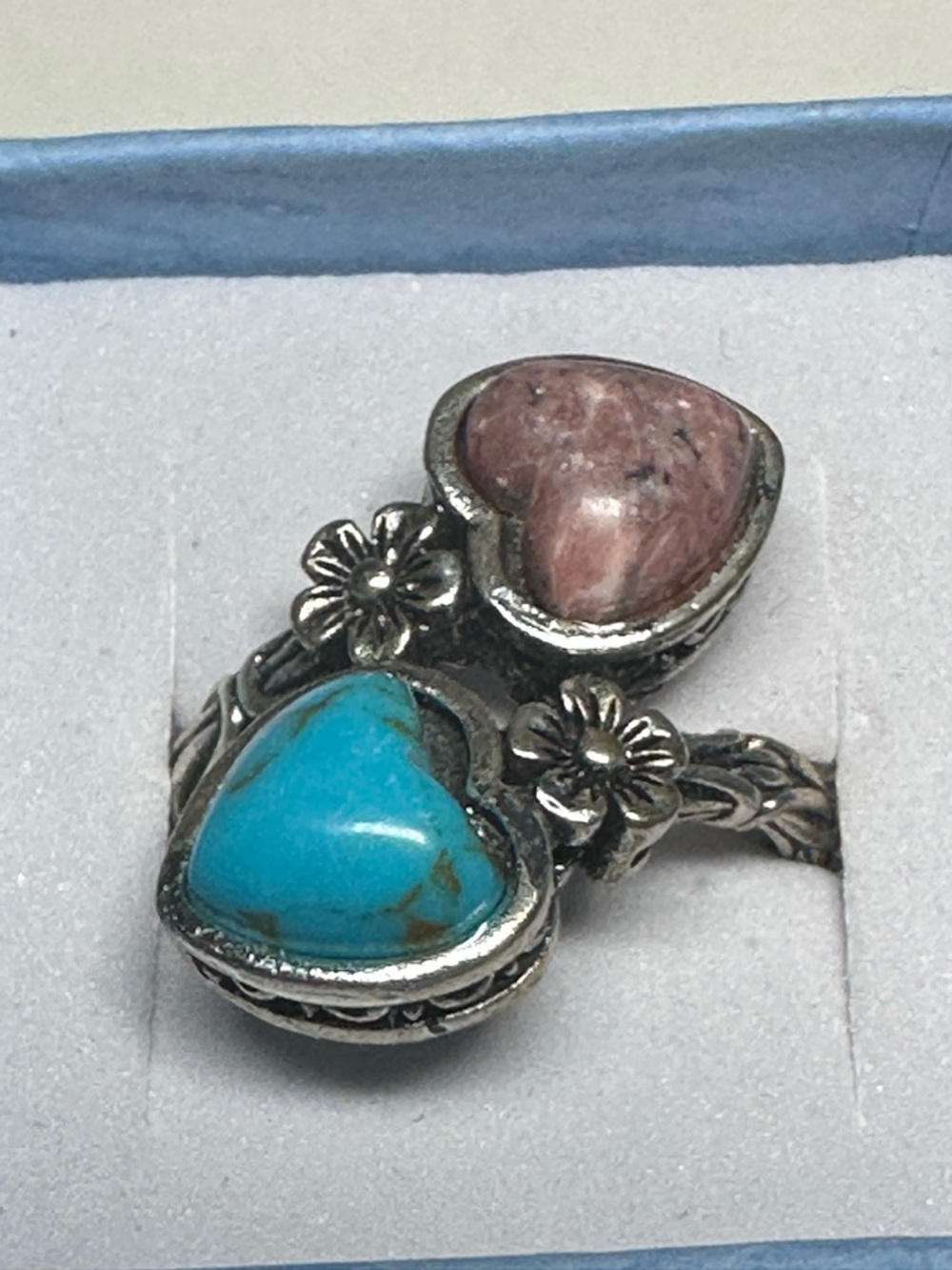 Silver Double Heart Ring with Turquoise and Pink Stone